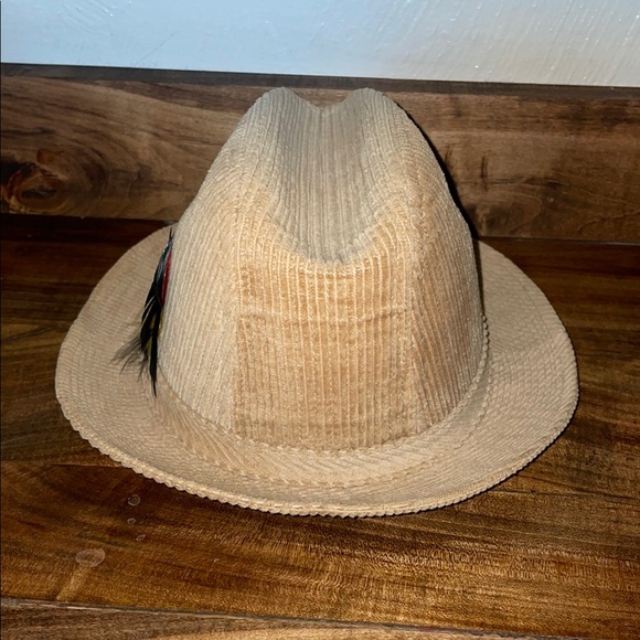 Stetson Fedora Hat with Feathers Size 7 1/8 Tan Corduroy Vintage - Picture 4 of 6